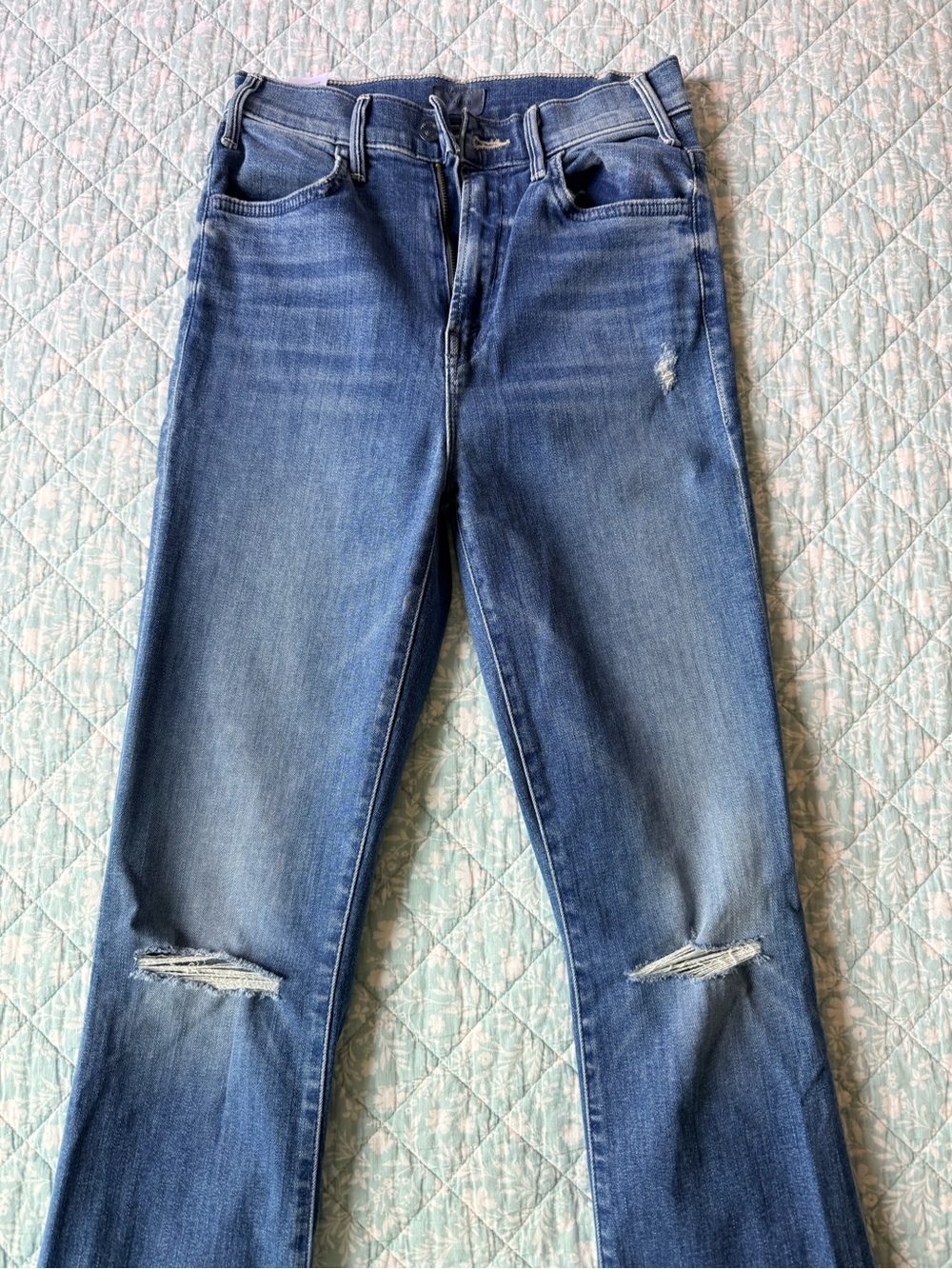 MOTHER Medium Blue Flare Jeans with Knee Distressing